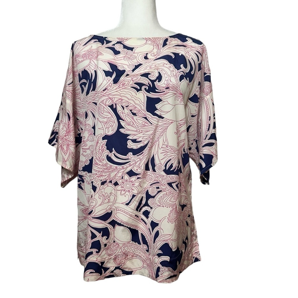 Talbots Tunic Top Silk Blend Medium Lagenlook Kimono Sleeve Paisley Floral Blue